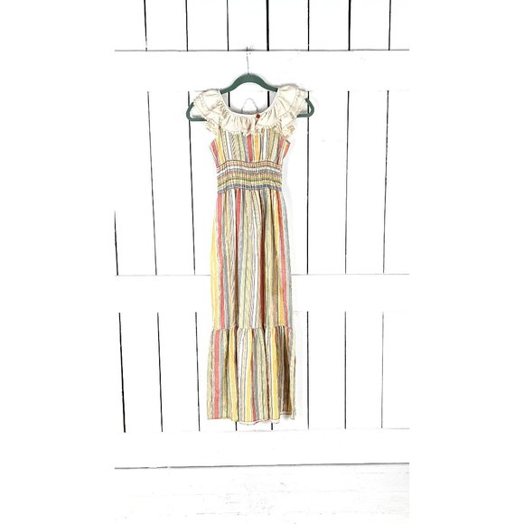 Vintage little girls striped smocked sleeveless ruffle maxi dress